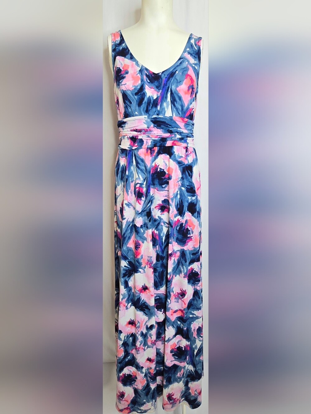 London Times Watercolor Floral Wedding Guest Maxi Dress Ruched Waist 4 NWOT